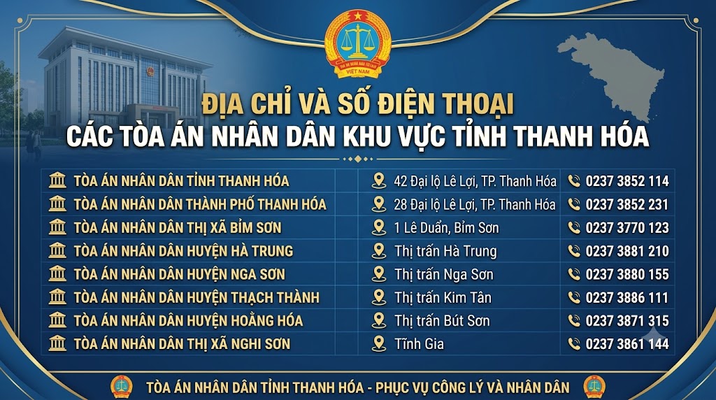 Địa chỉ và số điện thoại các Tòa án nhân dân khu vực tỉnh Thanh Hóa